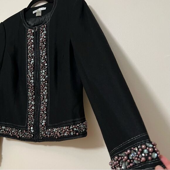 Peter Nygård Embellished Black Wool-Blend Beaded Open Front Jacket - Size‎ 10 - Picture 4 of 7